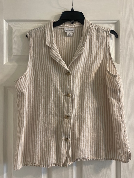 Liz Claiborne Tops - Liz Claiborne Sleeveless Striped Button-Front Top in Cream and Tan